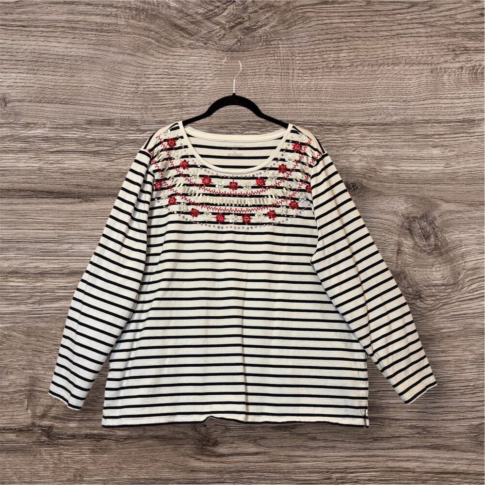 Talbots Woman 2X Striped Embellished Neckline Cotton Top Holiday Chic Sequins